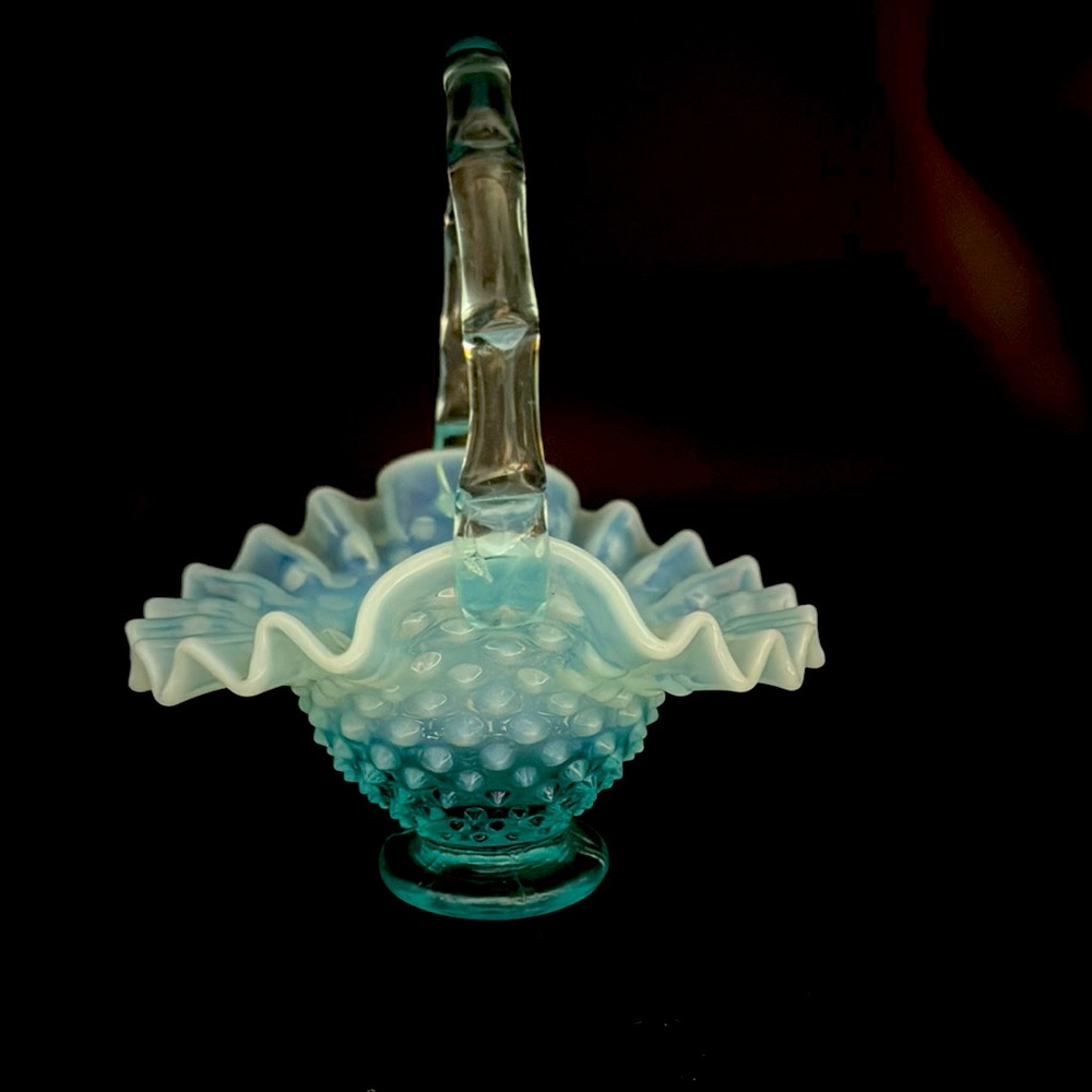 Vintage Fenton Blue Opalescent Hobnail Glass Basket with Handle